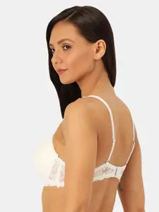 MAKCLAN White Self-Design Lace Underwired Lightly-Padded Plunge Bra K16037BQ