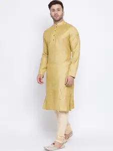 NAMASKAR Men Yellow & Gold-Toned Silk Blend Printed Kurta with Churidar
