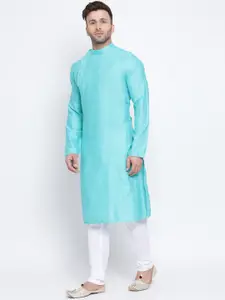 NAMASKAR Men Turquoise Blue & White Embroidered Dupion Silk Kurta with Pyjamas