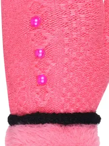 FabSeasons Women Acrylic Pink Self-design Embellished Knitted Gloves