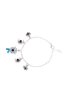 Voylla Oxidised Silver-Toned Blue & Black Enamelled Beaded Evil Eyes Tribal Charm Bracelet