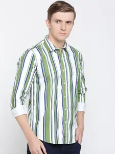 Pepe Jeans Men White & Green Regular Fit Striped Casual Shirt