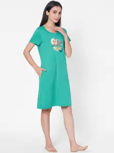 Soie Women Teal Green Printed Sleep Shirt