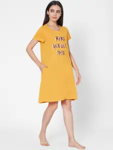 Soie Women Yellow Printed Knee Length Nightdress