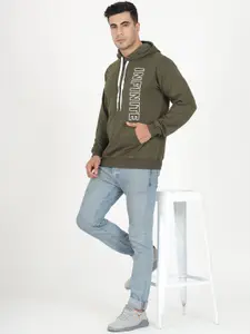 VEIRDO Men Olive Green Printed Hooded Sweatshirt