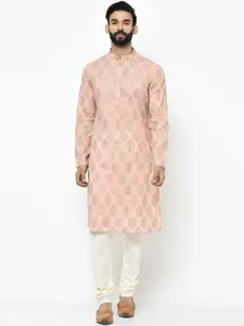 KISAH Men Pink & White Floral Printed Kurta with Churidar & Nehru Jacket