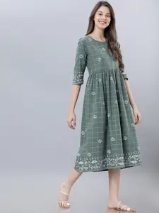 Vishudh Women Green Checked Cotton Fit and Flare Dress
