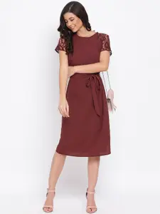 Oxolloxo Women Rust Self Design Fit and Flare Dress