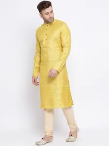 NAMASKAR Men Yellow & Gold-Toned Printed Silk Blend Kurta with Churidar
