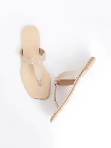 Vishudh Women Beige Woven Design T-Strap Flats