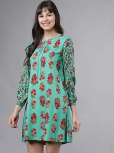 Vishudh Women Sea Green & Red Printed A-Line Dress
