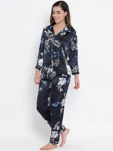 Clovia Women Navy Blue Printed Night suit