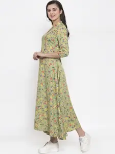 Indibelle Women Green & Yellow Printed Fit and Flare Dress