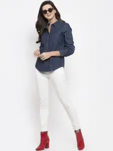 Gipsy Women Navy Blue Regular Fit Solid Casual Shirt