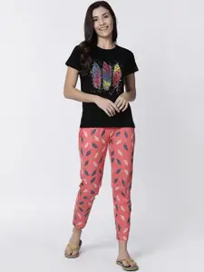 Kryptic Women Black & Pink Printed Night Suit