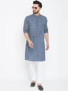 even Men Blue & White Printed Straight Kurta