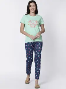 Kryptic Women Green & Navy Blue Printed Nightsuit