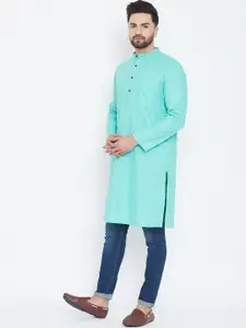 even Men Turquoise Blue Solid Linen Straight Kurta