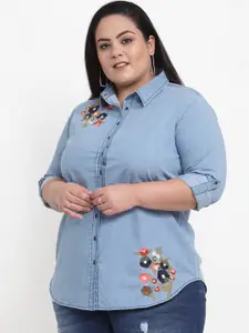 plusS Women Blue Regular Fit Floral Embroidered Casual Shirt