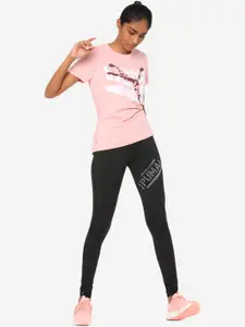 Puma Women Pink & White Printed Round Neck Be Bold Graphic Alert T-shirt