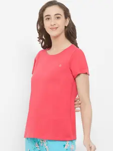Soie Women Coral Pink Solid Lounge T-shirt