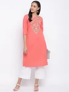 Vbuyz Women Peach-Coloured & Grey Floral Embroidered Straight Kurta