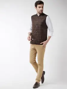 SOJANYA Men Coffee Brown Checked Woven Nehru Jacket