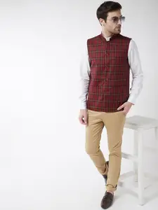 SOJANYA Men Maroon & Black Checked Woven Nehru Jacket