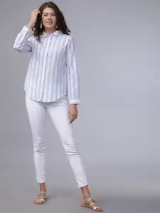 Tokyo Talkies Women Blue & White Striped Regular Fit Casual Shirt