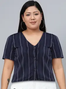 Tokyo Talkies Navy Blue & White Vertical Striped Top