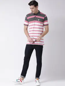 Club York Men White & Pink Striped Polo Collar T-shirt