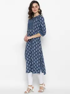 Janasya Women Blue & White Printed Straight Kurta