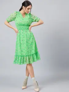 Athena Women Green Printed Fit and Flare Dress