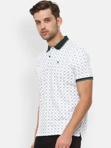 Louis Philippe Men White  Green Printed Polo Collar Pure Cotton T-shirt
