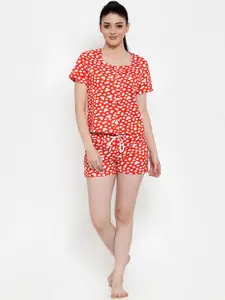 Claura Women Orange & White Printed Night suit