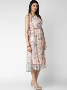 StyleStone Women Pink & White Printed Fit and Flare Dress with Tie Up