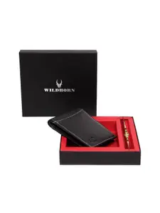 WildHorn Men Black Classic Genuine Brother Leather Wallet & Rakhi Gift Set
