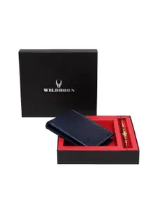 WildHorn Men Navy Blue Classic Genuine Leather Wallet & Rakhi Gift Set