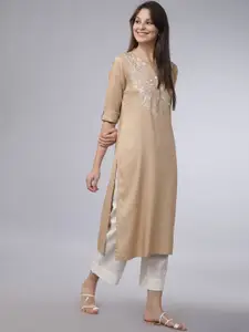 Vishudh Women Beige & White Yoke Design Straight Kurta