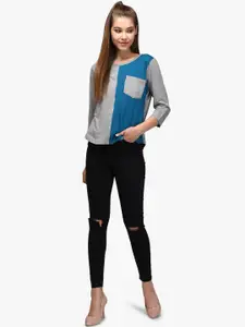 Kotty Women Blue & Grey Colourblocked Round Neck T-shirt