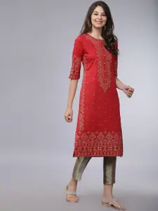 Vishudh Women Red & Gold-Toned Printed Straight Kurta