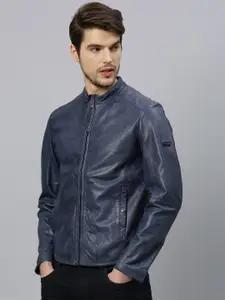 RARE RABBIT Men Navy Blue Solid Leather Insulator Biker Jacket