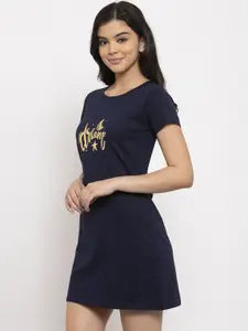 Claura Navy Blue Pure Cotton Printed Nightdress
