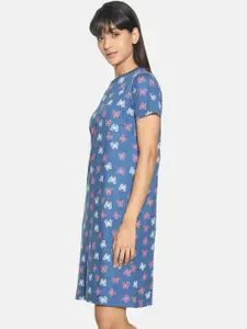 Kryptic Women Blue & White Printed Round Neck Nightdress