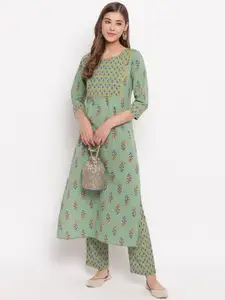 Vbuyz Women Green & Blue Printed Kurta with Trousers