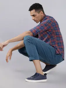 HIGHLANDER Men Teal Blue & Red Slim Fit Yarn Dyed Checked Casual Shirt