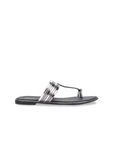 Bata Women Silver-Toned Solid T-Strap Flats