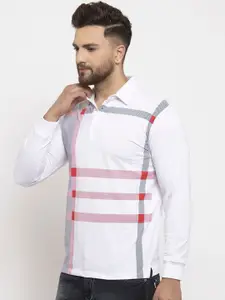 WILD WEST Men White & Red Checked Polo Collar T-shirt