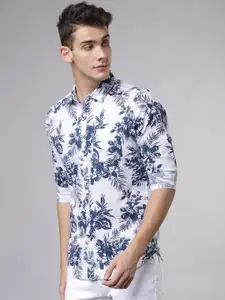 HIGHLANDER Men White & Blue Slim Fit Floral Printed Casual Shirt