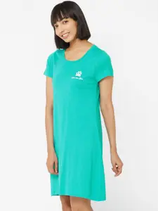 Soie Women Teal Green Printed Knee Length Nightdress